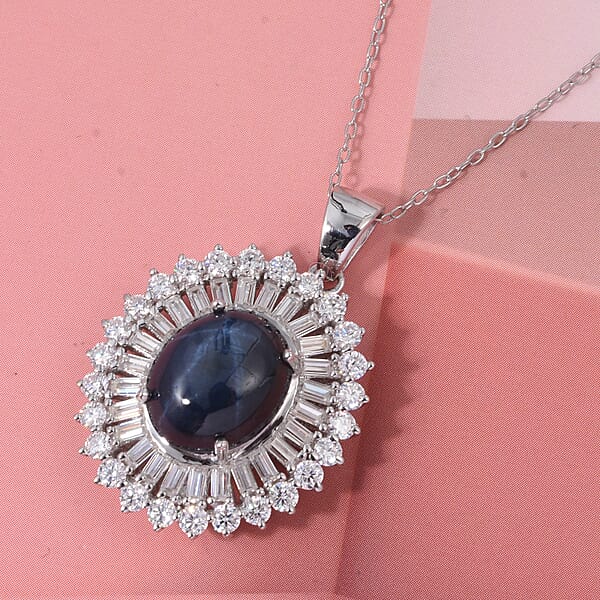 D'Joy Premium Blue Star Sapphire (DF) And Moissanite 7.70 Ctw Crown Of Eternity Pendant Necklace In Rhodium Over Sterling Silver 20 Inches