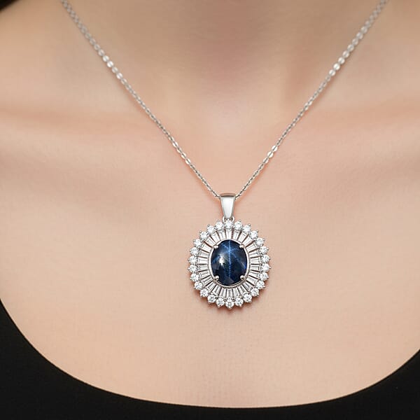 D'Joy Premium Blue Star Sapphire (DF) And Moissanite 7.70 Ctw Crown Of Eternity Pendant Necklace In Rhodium Over Sterling Silver 20 Inches