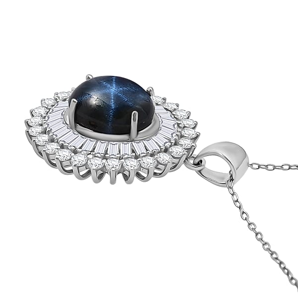 D'Joy Premium Blue Star Sapphire (DF) And Moissanite 7.70 Ctw Crown Of Eternity Pendant Necklace In Rhodium Over Sterling Silver 20 Inches