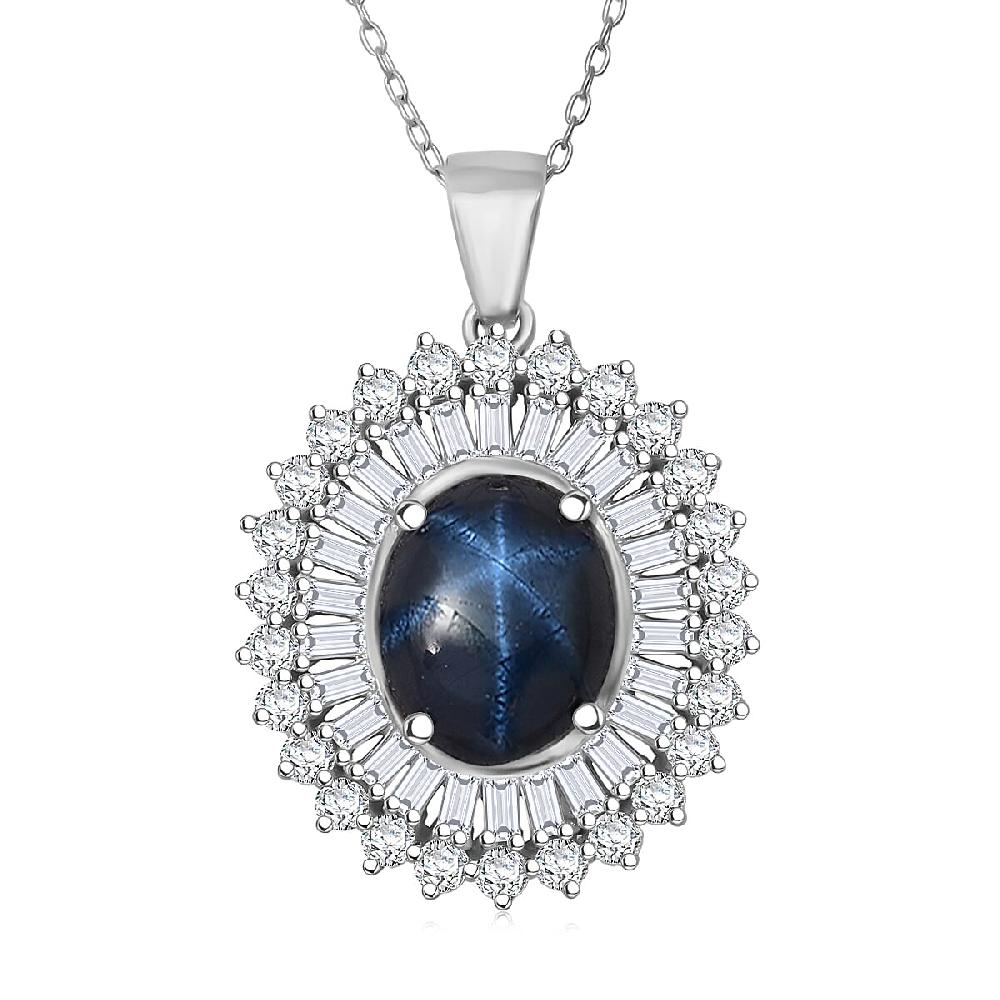 D'Joy Premium Blue Star Sapphire (DF) and Moissanite 7.70 ctw Crown of Eternity Pendant Necklace in Rhodium Over Sterling Silver 20 Inches