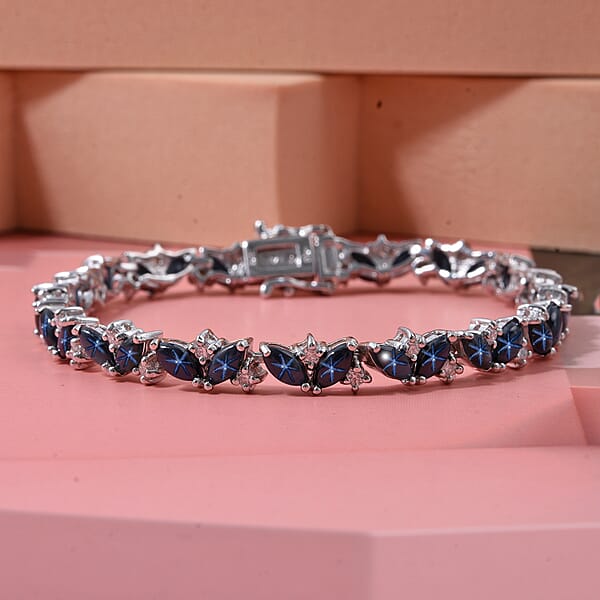 D'Joy Premium Blue Star Sapphire (DF) And Moissanite 12.60 Ctw Celestial Lineage Bracelet In Rhodium Over Sterling Silver (6.50 In)