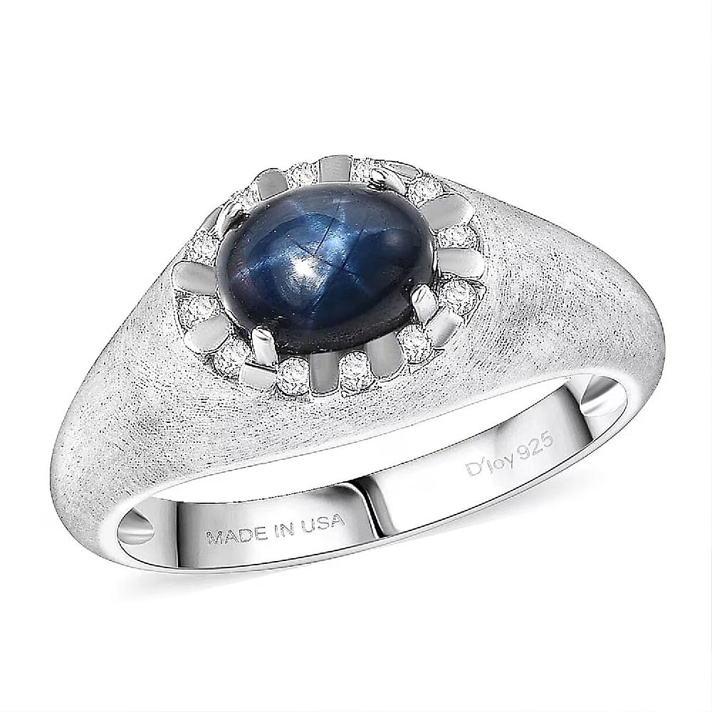 D'Joy Premium Blue Star Sapphire (DF) and Moissanite 2.60 ctw Men's Ring in Rhodium Over Sterling Silver