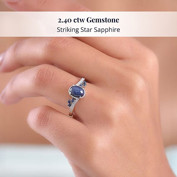 D'Joy Premium Blue Star Sapphire (DF) And Multi Gemstone 2.40 Ctw Shooting Star Ring In Rhodium Over Sterling Silver