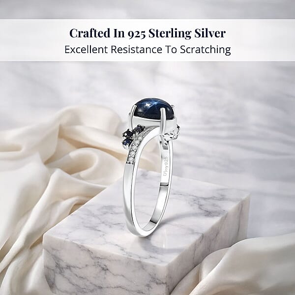 D'Joy Premium Blue Star Sapphire (DF) And Multi Gemstone 2.40 Ctw Shooting Star Ring In Rhodium Over Sterling Silver