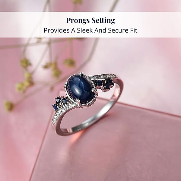D'Joy Premium Blue Star Sapphire (DF) And Multi Gemstone 2.40 Ctw Shooting Star Ring In Rhodium Over Sterling Silver