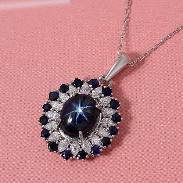 D'Joy Premium Blue Star Sapphire (DF) And Multi Gemstone 6.20 Ctw Celestial Bloom Pendant Necklace In Rhodium Over Sterling Silver 20 Inches