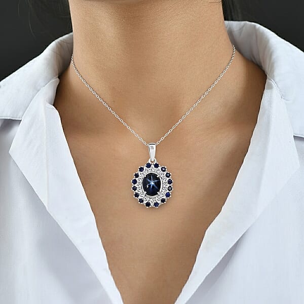 D'Joy Premium Blue Star Sapphire (DF) And Multi Gemstone 6.20 Ctw Celestial Bloom Pendant Necklace In Rhodium Over Sterling Silver 20 Inches