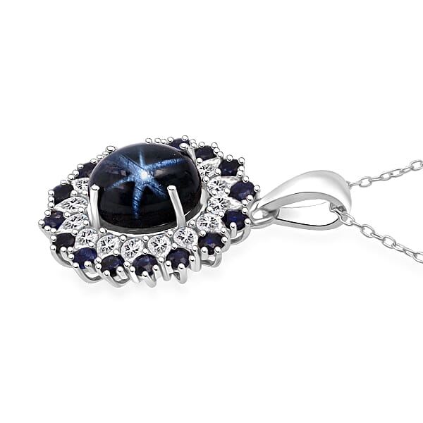 D'Joy Premium Blue Star Sapphire (DF) And Multi Gemstone 6.20 Ctw Celestial Bloom Pendant Necklace In Rhodium Over Sterling Silver 20 Inches