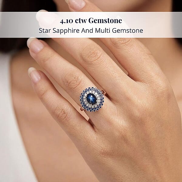 D'Joy Premium Blue Star Sapphire (DF) And Multi Gemstone 4.10 Ctw Celestial Crown Ring In Rhodium Over Sterling Silver