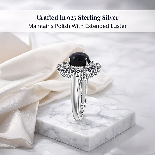 D'Joy Premium Blue Star Sapphire (DF) And Multi Gemstone 4.10 Ctw Celestial Crown Ring In Rhodium Over Sterling Silver