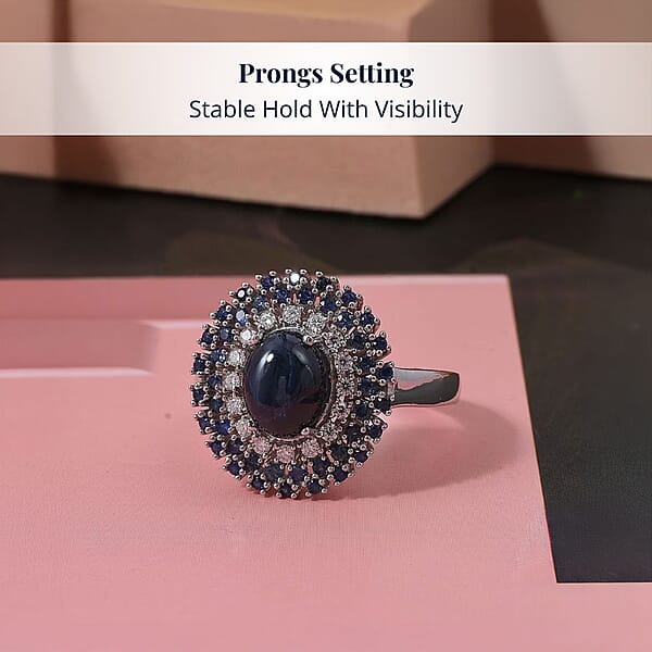 D'Joy Premium Blue Star Sapphire (DF) And Multi Gemstone 4.10 Ctw Celestial Crown Ring In Rhodium Over Sterling Silver