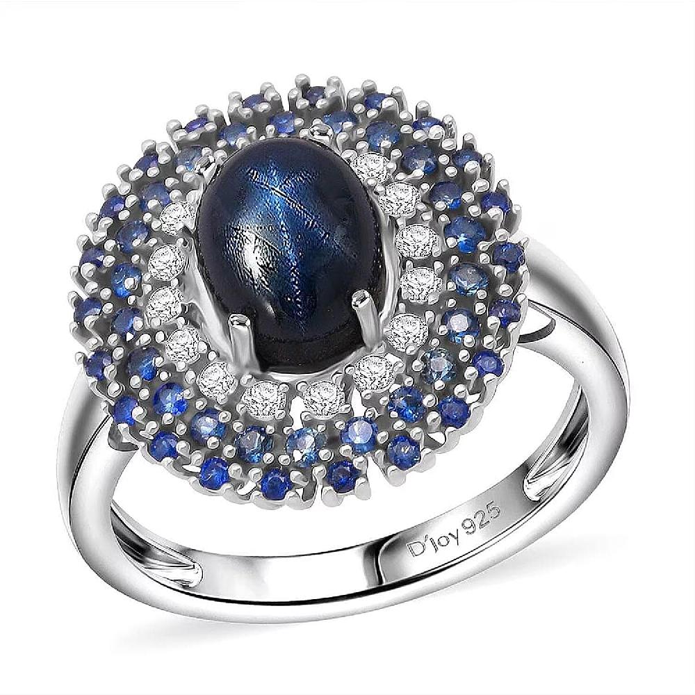 D'Joy Premium Blue Star Sapphire (DF) and Multi Gemstone 4.10 ctw Celestial Crown Ring in Rhodium Over Sterling Silver