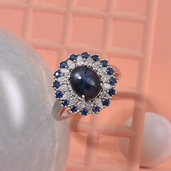 D'Joy Premium Blue Star Sapphire (DF) And Multi Gemstone 6.20 Ctw Celestial Bloom Ring In Rhodium Over Sterling Silver