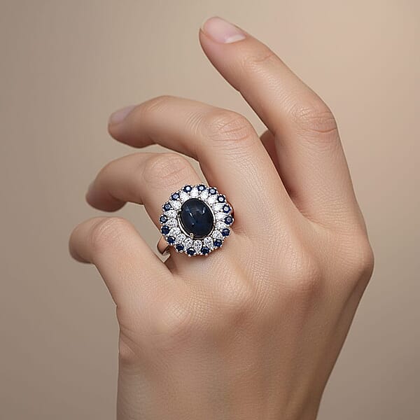 D'Joy Premium Blue Star Sapphire (DF) And Multi Gemstone 6.20 Ctw Celestial Bloom Ring In Rhodium Over Sterling Silver