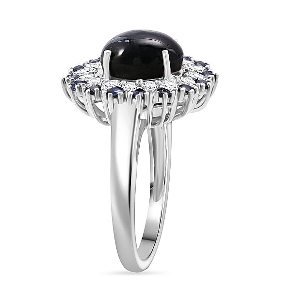 D'Joy Premium Blue Star Sapphire (DF) And Multi Gemstone 6.20 Ctw Celestial Bloom Ring In Rhodium Over Sterling Silver