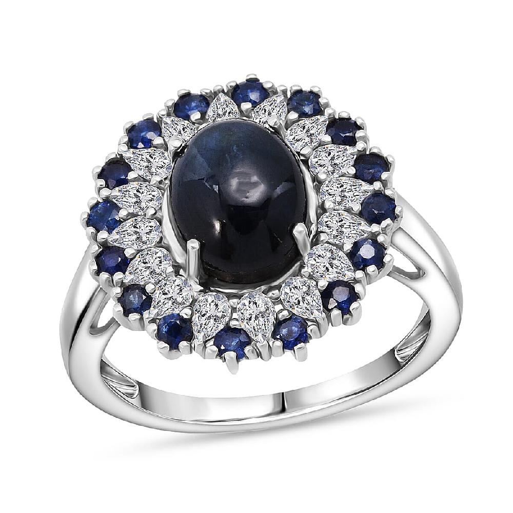 D'Joy Premium Blue Star Sapphire (DF) and Multi Gemstone 6.20 ctw Celestial Bloom Ring in Rhodium Over Sterling Silver
