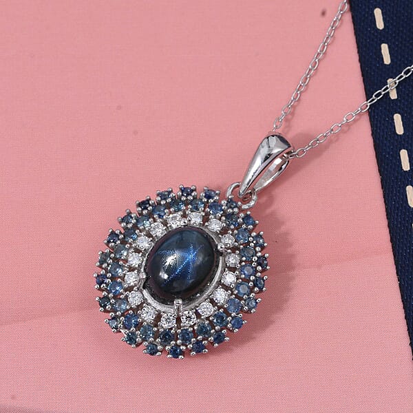 D'Joy Premium Blue Star Sapphire (DF) And Multi Gemstone 4.00 Ctw Celestial Crown Pendant Necklace In Rhodium Over Sterling Silver 20 Inches