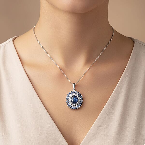 D'Joy Premium Blue Star Sapphire (DF) And Multi Gemstone 4.00 Ctw Celestial Crown Pendant Necklace In Rhodium Over Sterling Silver 20 Inches