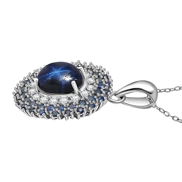 D'Joy Premium Blue Star Sapphire (DF) And Multi Gemstone 4.00 Ctw Celestial Crown Pendant Necklace In Rhodium Over Sterling Silver 20 Inches