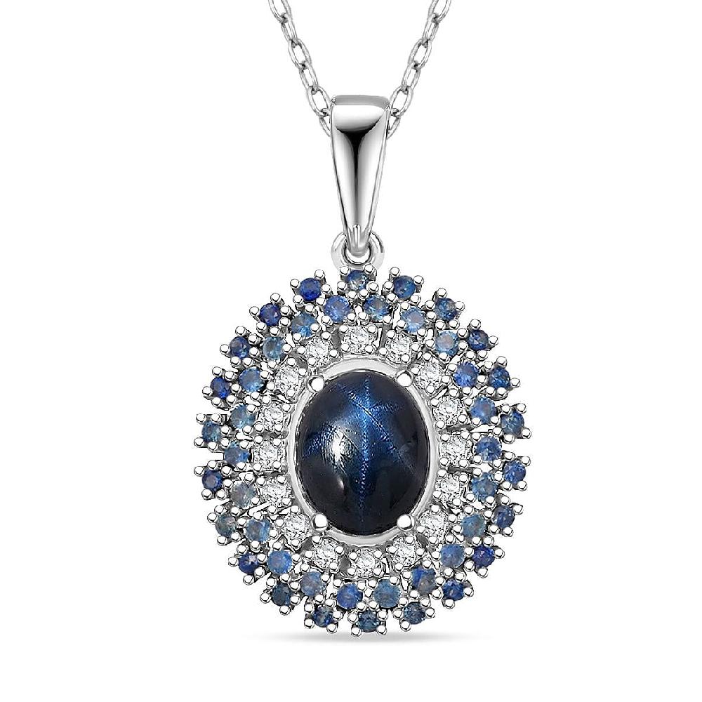 D'Joy Premium Blue Star Sapphire (DF) and Multi Gemstone 4.00 ctw Celestial Crown Pendant Necklace in Rhodium Over Sterling Silver 20 Inches