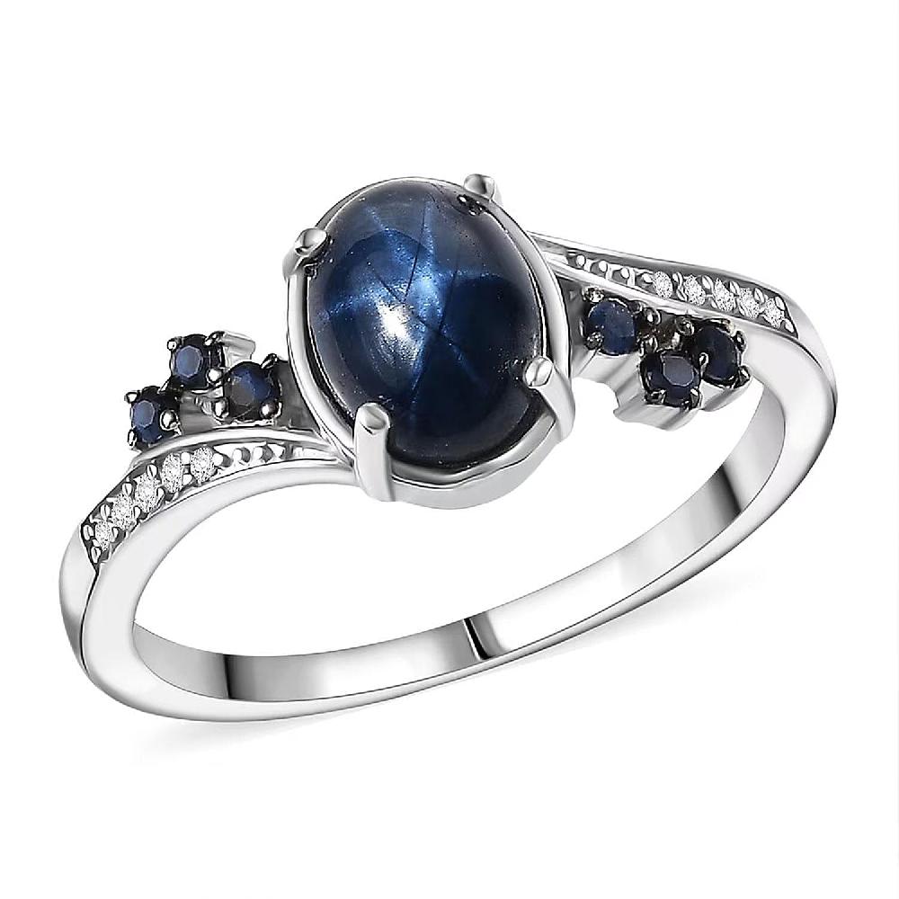 D'Joy Premium Blue Star Sapphire (DF) and Multi Gemstone 2.40 ctw Shooting Star Ring in Rhodium Over Sterling Silver