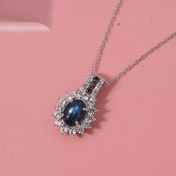 D'Joy Premium Blue Star Sapphire (DF) White And Chocolate Zircon 2.00 Ctw Starfire Pendant Necklace In Rhodium Over Sterling Silver 20 Inches