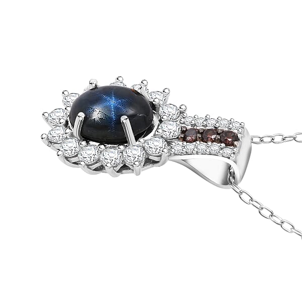 D'Joy Premium Blue Star Sapphire (DF) White And Chocolate Zircon 2.00 Ctw Starfire Pendant Necklace In Rhodium Over Sterling Silver 20 Inches