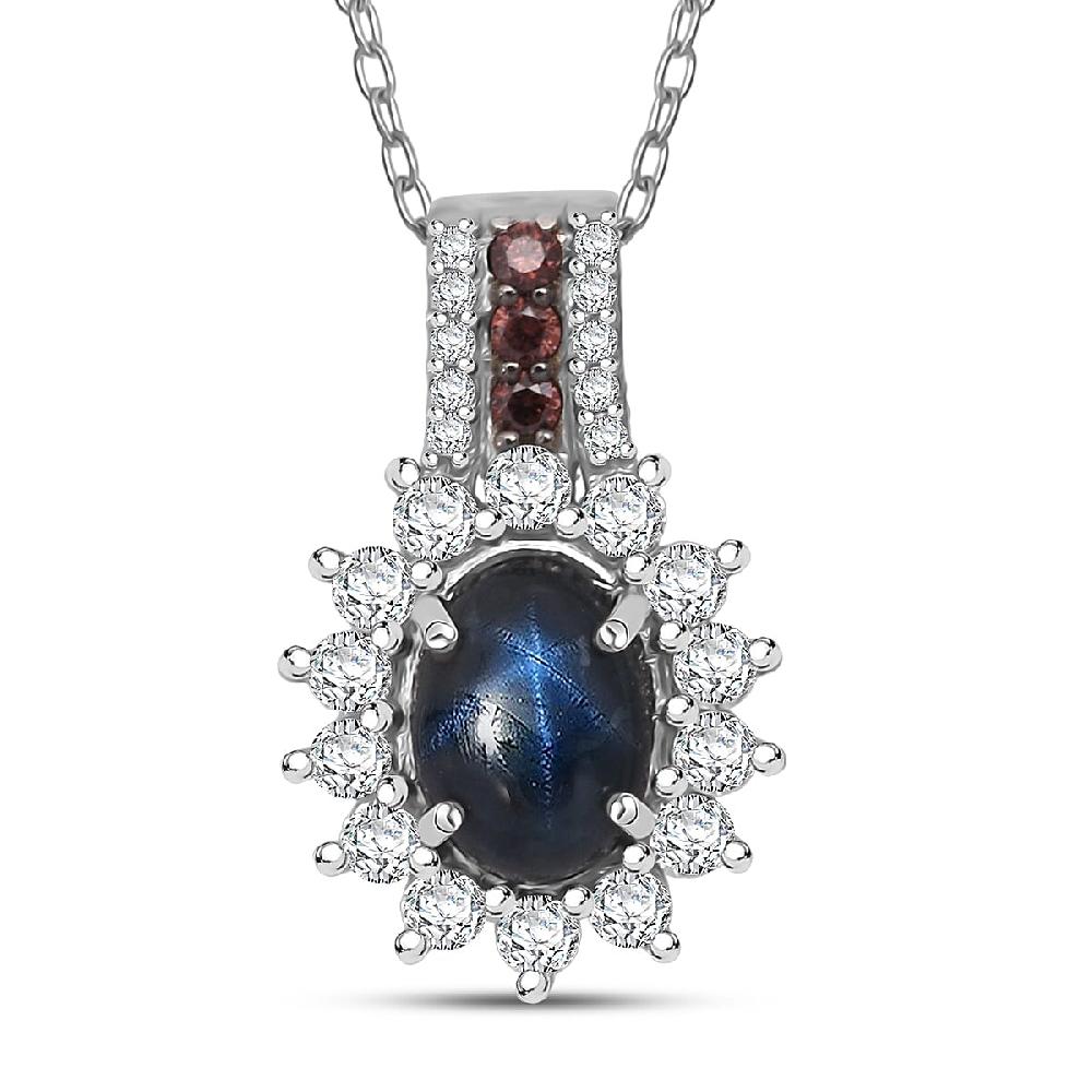D'Joy Premium Blue Star Sapphire (DF) White and Chocolate Zircon 2.00 ctw Starfire Pendant Necklace in Rhodium Over Sterling Silver 20 Inches