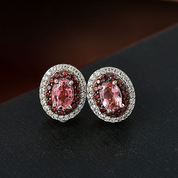 D'Joy Premium Blush Tourmaline White And Chocolate Zircon 1.75 Ctw Gilded Bloom Earrings In 18K Vermeil Rose Gold Over Sterling Silver
