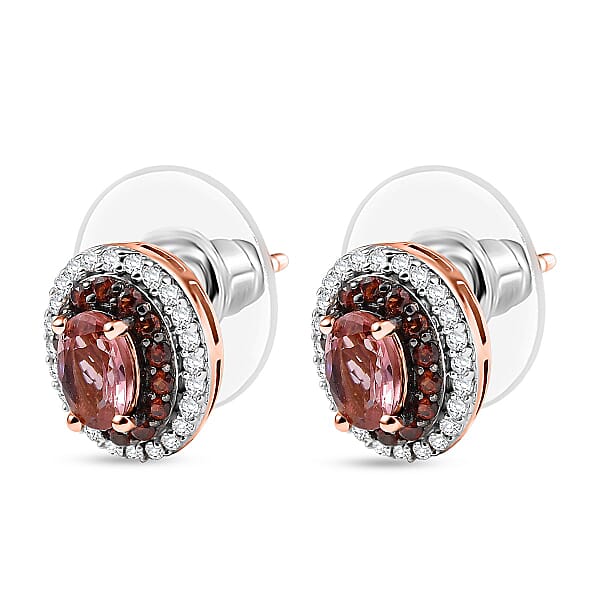 D'Joy Premium Blush Tourmaline White And Chocolate Zircon 1.75 Ctw Gilded Bloom Earrings In 18K Vermeil Rose Gold Over Sterling Silver