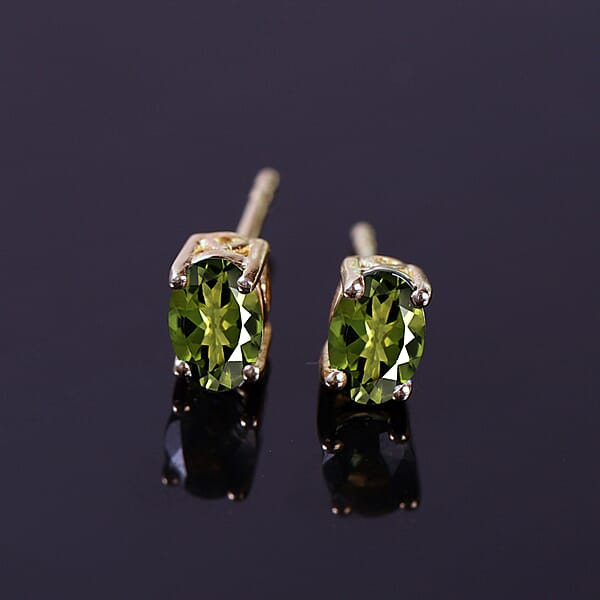 D'Joy Premium Bohemian Moldavite 0.75 Ctw Solitaire Stud Earrings In Vermeil Yellow Gold Over Sterling Silver