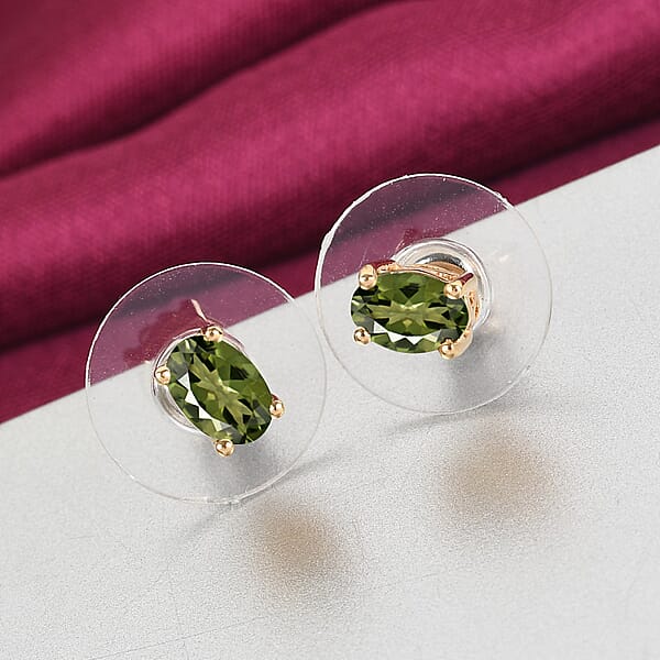 D'Joy Premium Bohemian Moldavite 0.75 Ctw Solitaire Stud Earrings In Vermeil Yellow Gold Over Sterling Silver