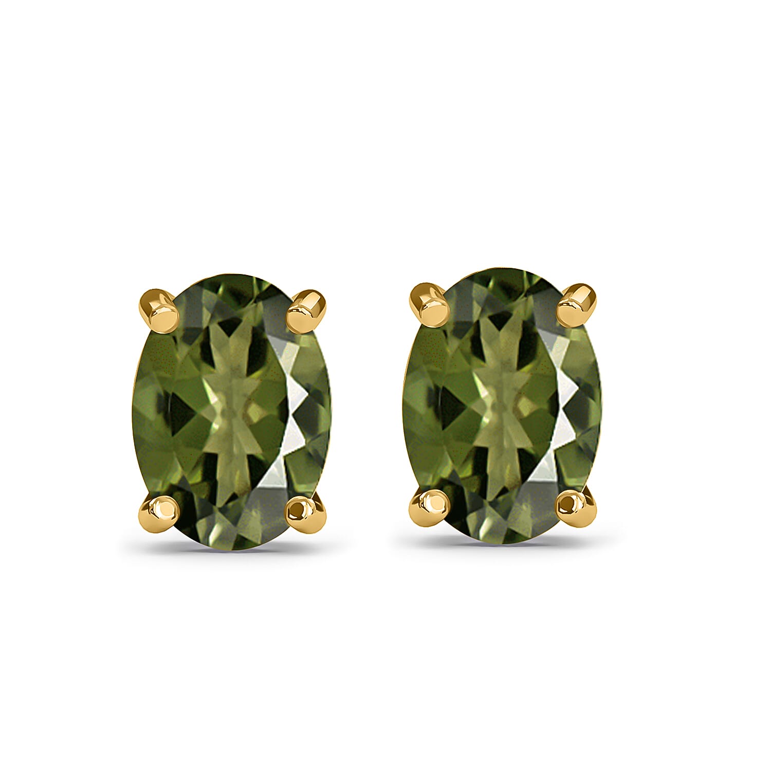 D'Joy Premium Bohemian Moldavite 0.75 ctw Solitaire Stud Earrings in Vermeil Yellow Gold Over Sterling Silver