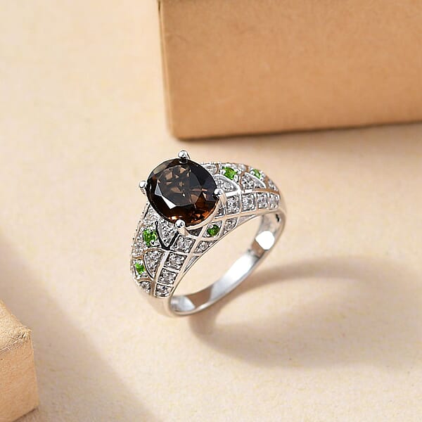 D'Joy Premium Brazilian Smoky Quartz And Multi Gemstone 3.25 Ctw Vintage Architecture Ring In Rhodium Over Sterling Silver