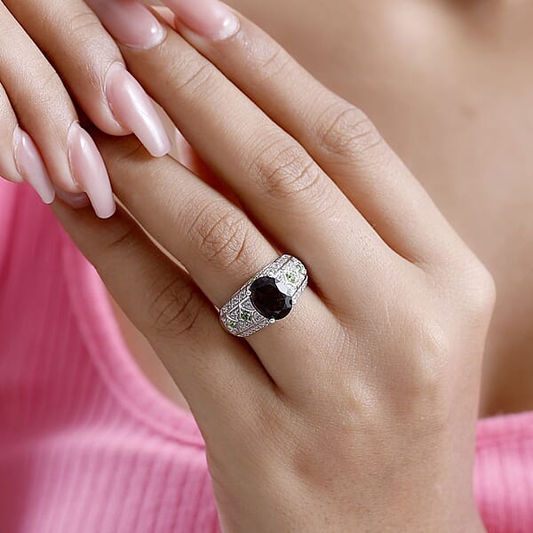 D'Joy Premium Brazilian Smoky Quartz And Multi Gemstone 3.25 Ctw Vintage Architecture Ring In Rhodium Over Sterling Silver