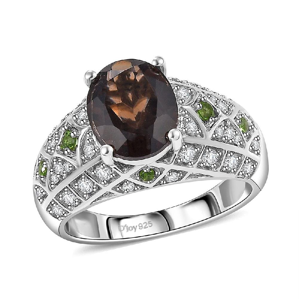 D'Joy Premium Brazilian Smoky Quartz and Multi Gemstone 3.25 ctw Vintage Architecture Ring in Rhodium Over Sterling Silver