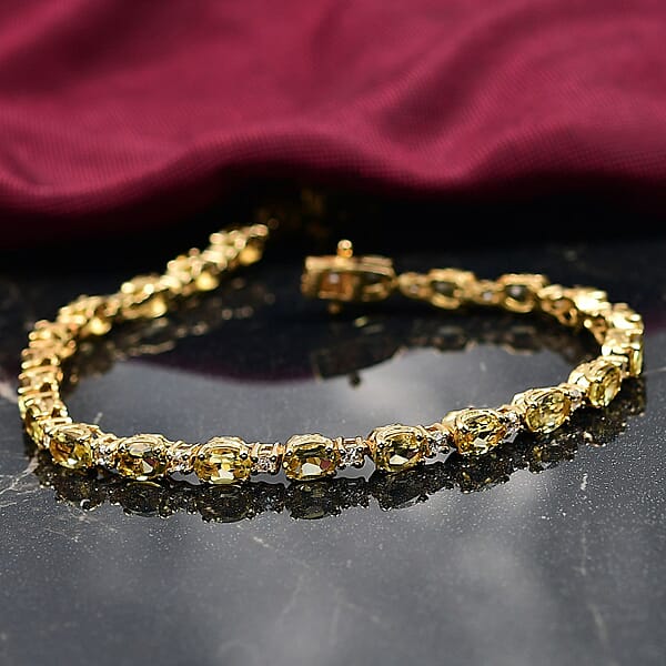 D'Joy Premium Braziliian Heliodor And White Zircon 9.70 Ctw Floral Vines Bracelet In 18K Vermeil Yellow Gold Over Sterling Silver (7.25 In)