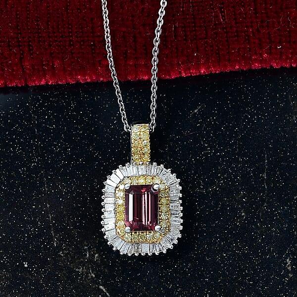 D'Joy Premium Byzantine Tourmaline Natural Yellow And White Diamond 1.60 Ctw Sunburst Halo Pendant Necklace 20 Inches In 18K Vermeil YG And Rhodium Over Sterling Silver