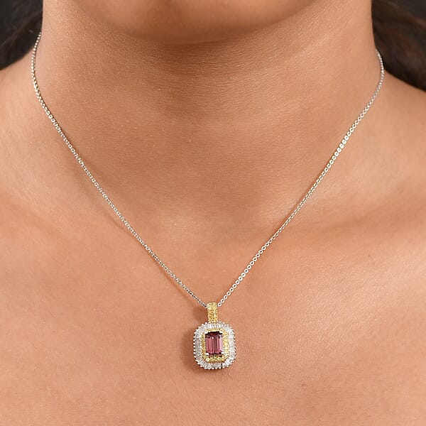 D'Joy Premium Byzantine Tourmaline Natural Yellow And White Diamond 1.60 Ctw Sunburst Halo Pendant Necklace 20 Inches In 18K Vermeil YG And Rhodium Over Sterling Silver