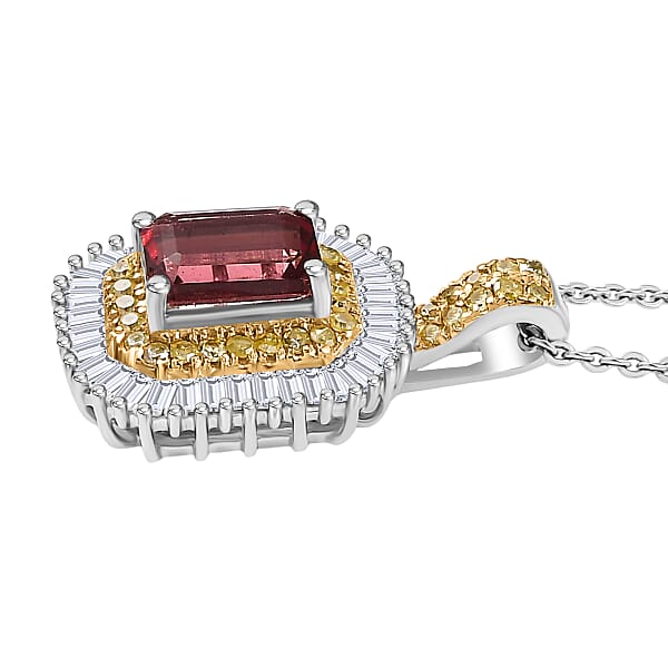 D'Joy Premium Byzantine Tourmaline Natural Yellow And White Diamond 1.60 Ctw Sunburst Halo Pendant Necklace 20 Inches In 18K Vermeil YG And Rhodium Over Sterling Silver
