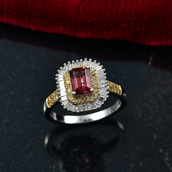 D'Joy Premium Byzantine Tourmaline Natural Yellow And White Diamond 1.60 Ctw Sunburst Halo Ring In 18K Vermeil YG And Rhodium Over Sterling Silver