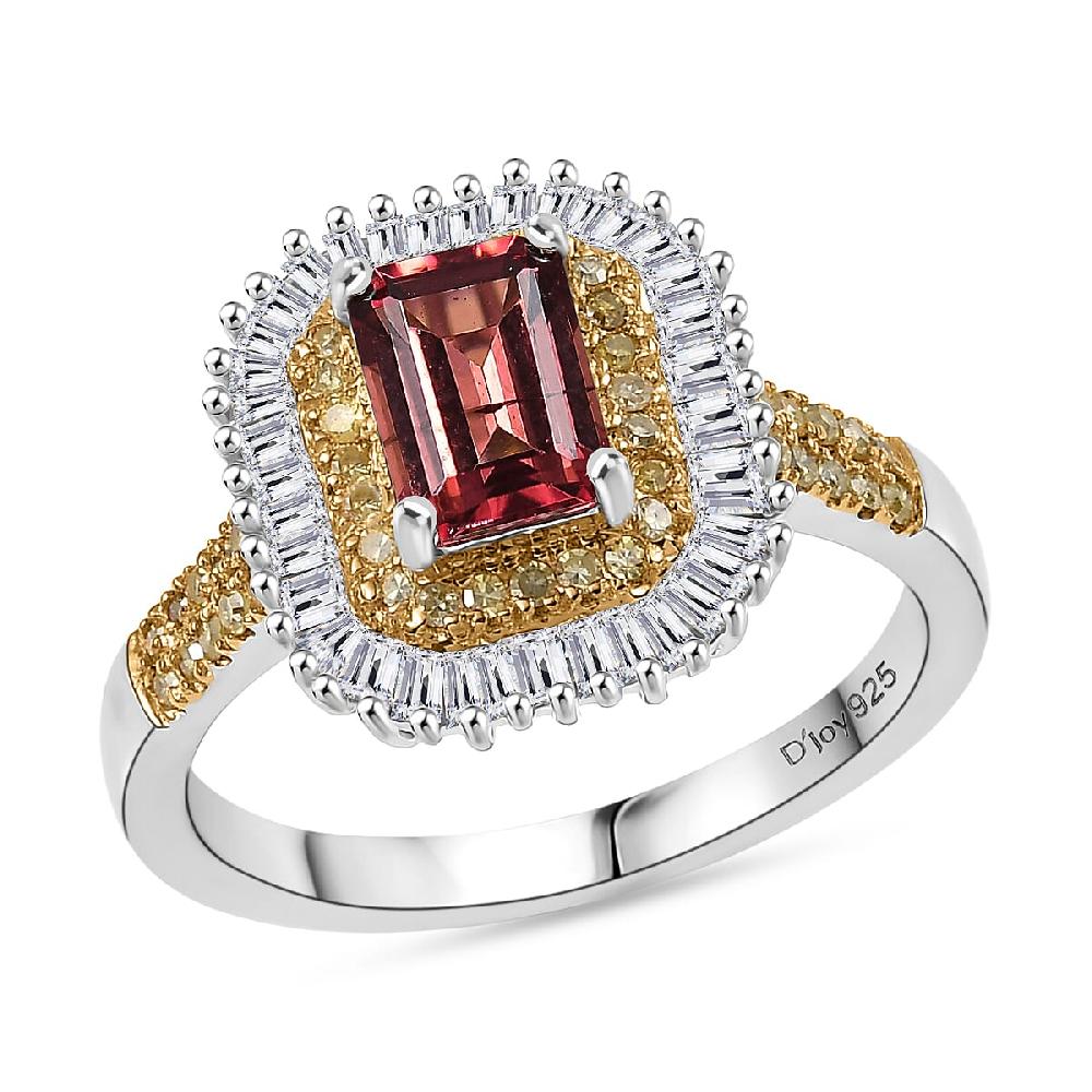 D'Joy Premium Byzantine Tourmaline Natural Yellow and White Diamond 1.60 ctw Sunburst Halo Ring in 18K Vermeil YG and Rhodium Over Sterling Silver
