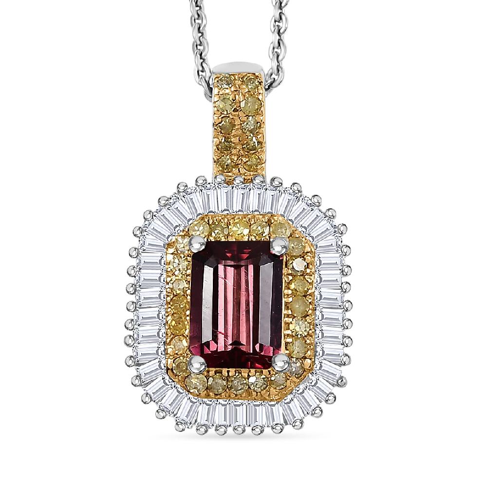 D'Joy Premium Byzantine Tourmaline Natural Yellow and White Diamond 1.60 ctw Sunburst Halo Pendant Necklace 20 Inches in 18K Vermeil YG and Rhodium Over Sterling Silver