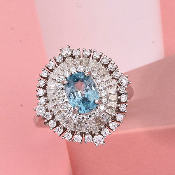 D'Joy Premium Cambodian Blue Zircon And Moissanite 3.50 Ctw Regal Halo Ring In Rhodium Over Sterling Silver