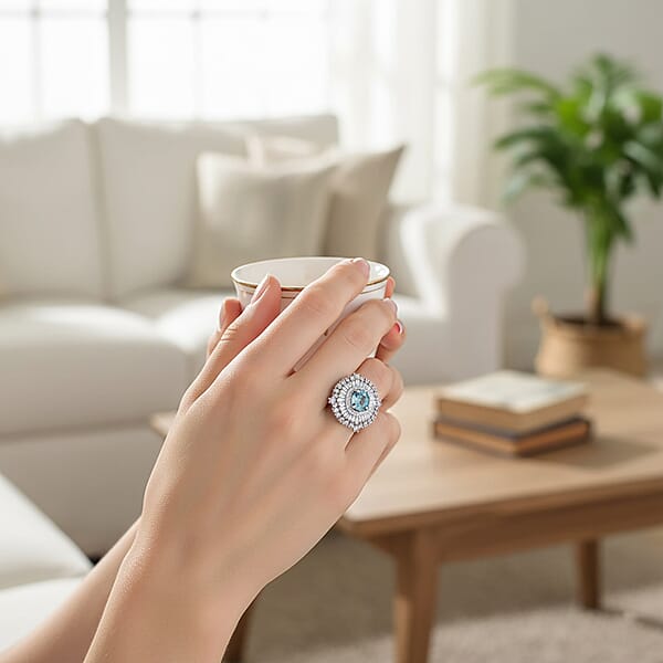 D'Joy Premium Cambodian Blue Zircon And Moissanite 3.50 Ctw Regal Halo Ring In Rhodium Over Sterling Silver