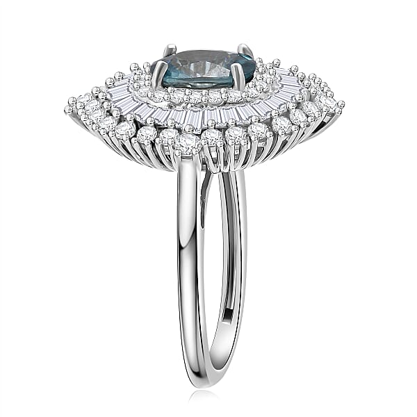 D'Joy Premium Cambodian Blue Zircon And Moissanite 3.50 Ctw Regal Halo Ring In Rhodium Over Sterling Silver