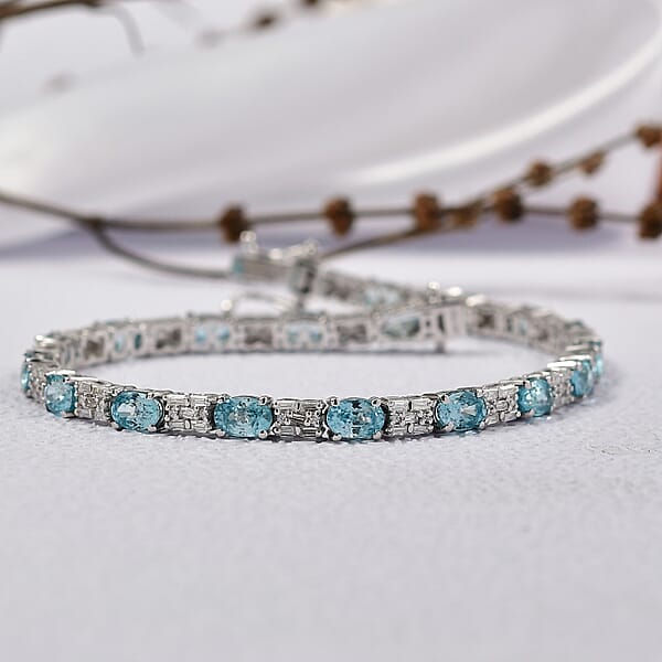 D'Joy Premium Cambodian Blue Zircon And Moissanite 12.85 Ctw Floral Blue Vines Bracelet In Rhodium Over Sterling Silver (6.50 In)