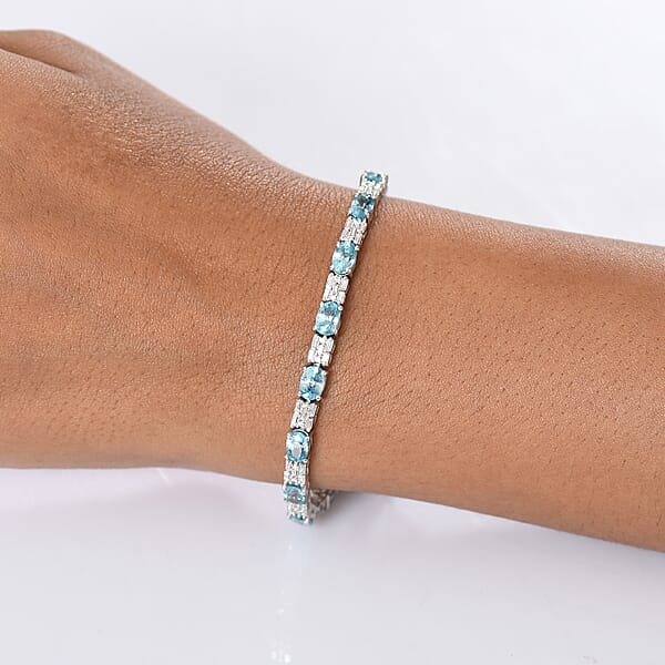 D'Joy Premium Cambodian Blue Zircon And Moissanite 12.85 Ctw Floral Blue Vines Bracelet In Rhodium Over Sterling Silver (6.50 In)