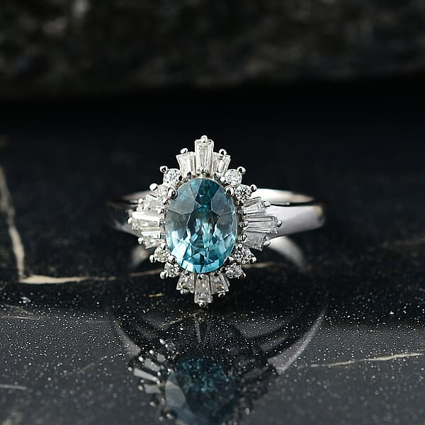 D'Joy Premium Cambodian Blue Zircon And Moissanite 2.60 Ctw Royal Flare Ring In Rhodium Over Sterling Silver