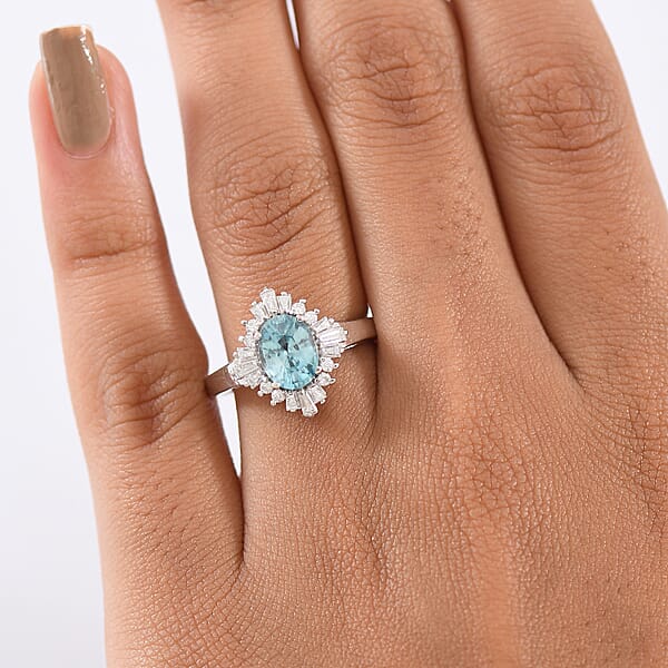 D'Joy Premium Cambodian Blue Zircon And Moissanite 2.60 Ctw Royal Flare Ring In Rhodium Over Sterling Silver